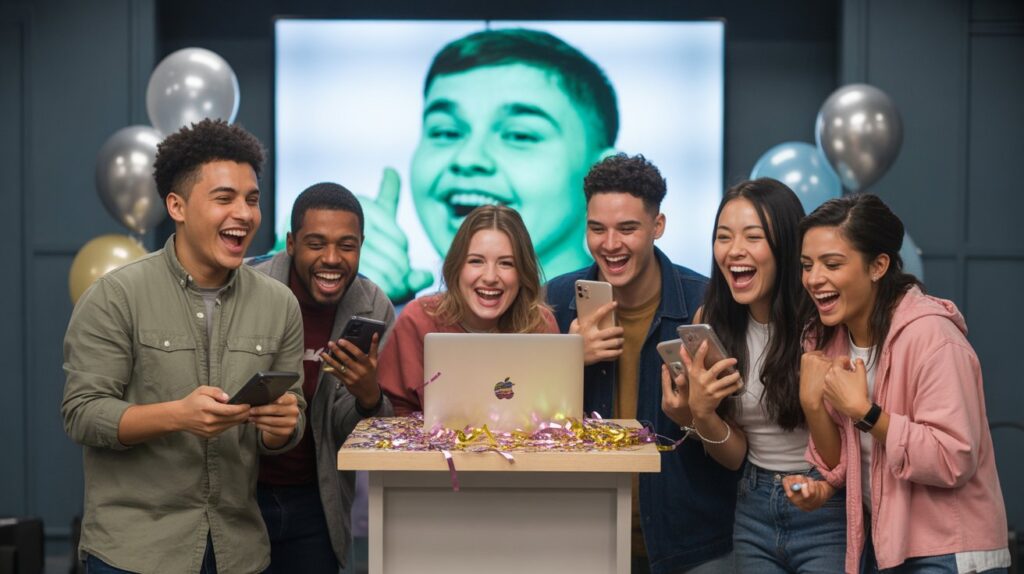 A diverse group of people smiling while gathered around a laptop, engaged in conversation and collaboration, as they share a celebration meme.