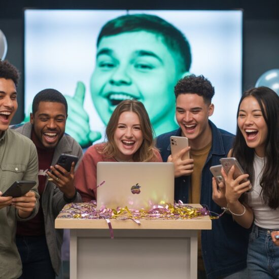 A diverse group of people smiling while gathered around a laptop, engaged in conversation and collaboration, as they share a celebration meme.