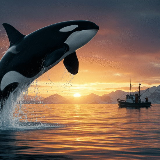 A majestic orca leaps from the water against a vibrant sunset, with a small fishing boat nearby. Snow-capped mountains frame the serene ocean scene, resembling a breathtaking shot from a movie orca moment.