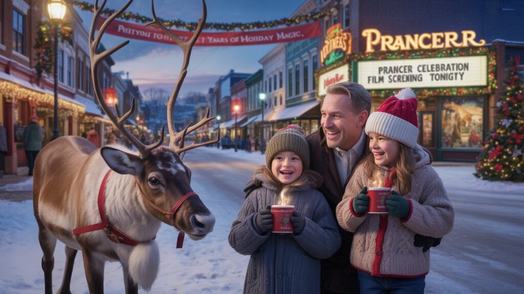 Father and two children joyfully hold hot cocoa cups by a reindeer on a festive street, enjoying the Prancer celebration. A "Prancer" movie sign and holiday lights glow in the background.