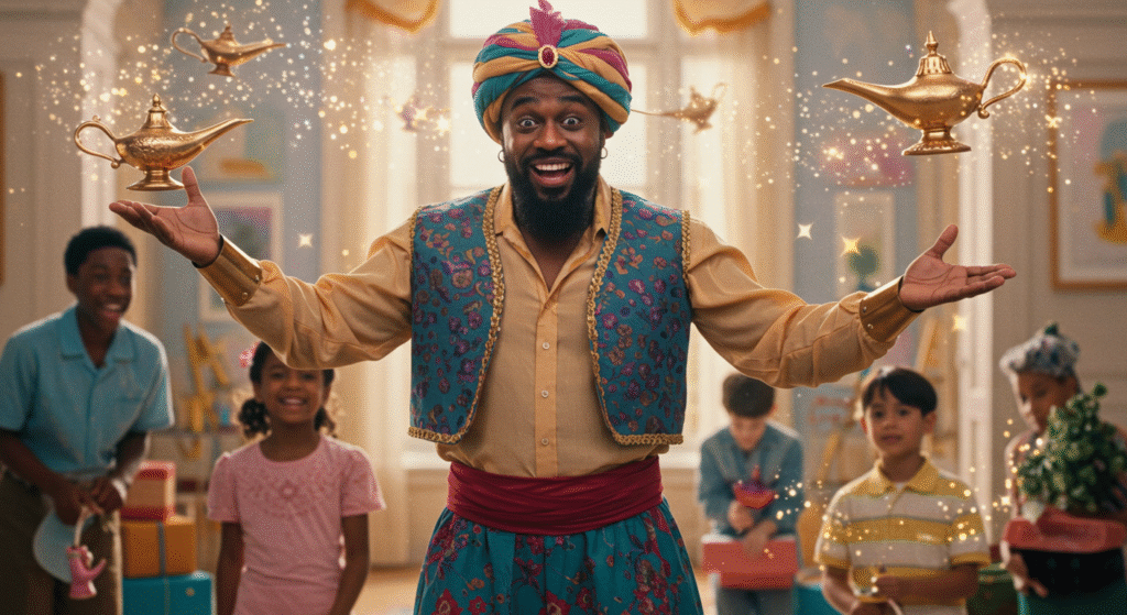 A joyful man in a colorful turban and vest stands with arms outstretched, smiling, resembling a character from the legendary sinbad genie movie. Golden lamps float above his hands, surrounded by sparkles. Children watch in awe.