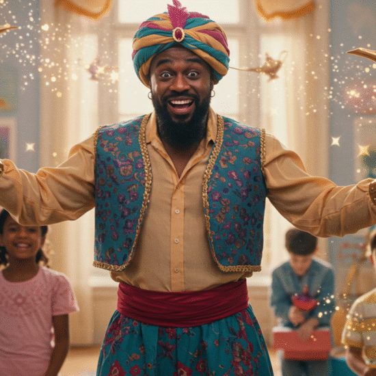 A joyful man in a colorful turban and vest stands with arms outstretched, smiling, resembling a character from the legendary sinbad genie movie. Golden lamps float above his hands, surrounded by sparkles. Children watch in awe.