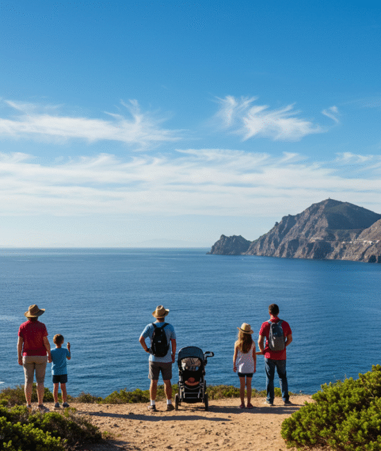 A family of five, including a stroller, stands on a cliff overlooking a vast blue ocean and rocky coastline under a clear sky, conveying adventure and serenity, perfectly symbolizing the American revenge travel surge that has inspired families to seek unforgettable journeys together.