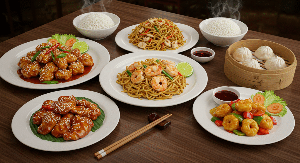 A dining table at Asian Star Restaurant adorned with multiple plates of food, featuring an assortment of vibrant and colorful dishes for a memorable meal.