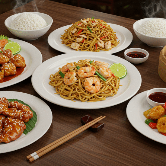 A dining table at Asian Star Restaurant adorned with multiple plates of food, featuring an assortment of vibrant and colorful dishes for a memorable meal.