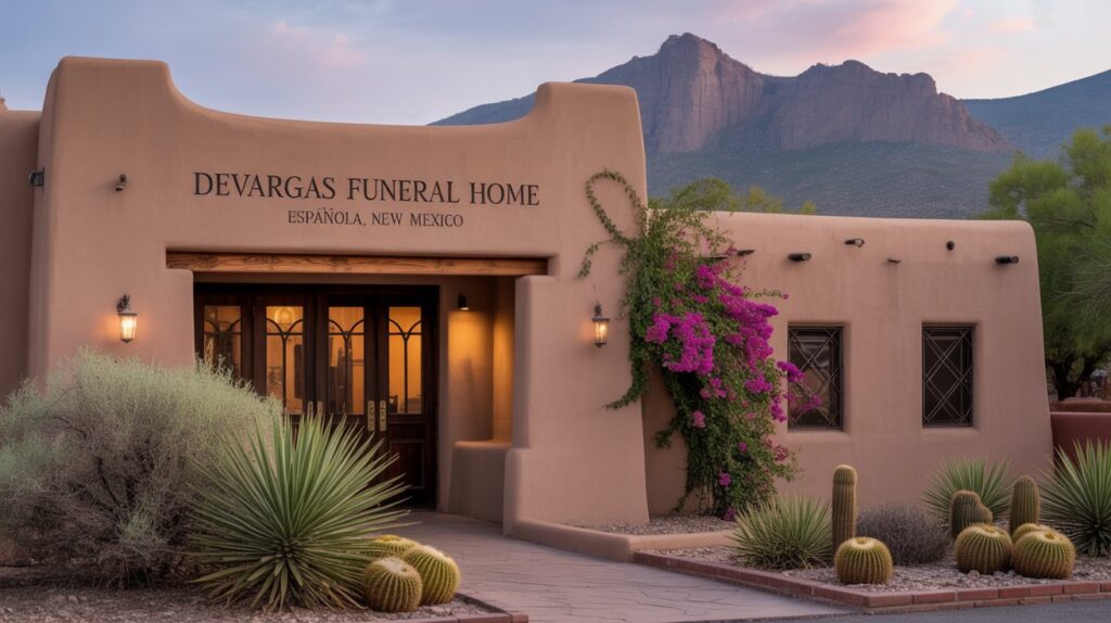 Front entrance of the Devargas Funeral Home, featuring a welcoming doorway and landscaped surroundings.