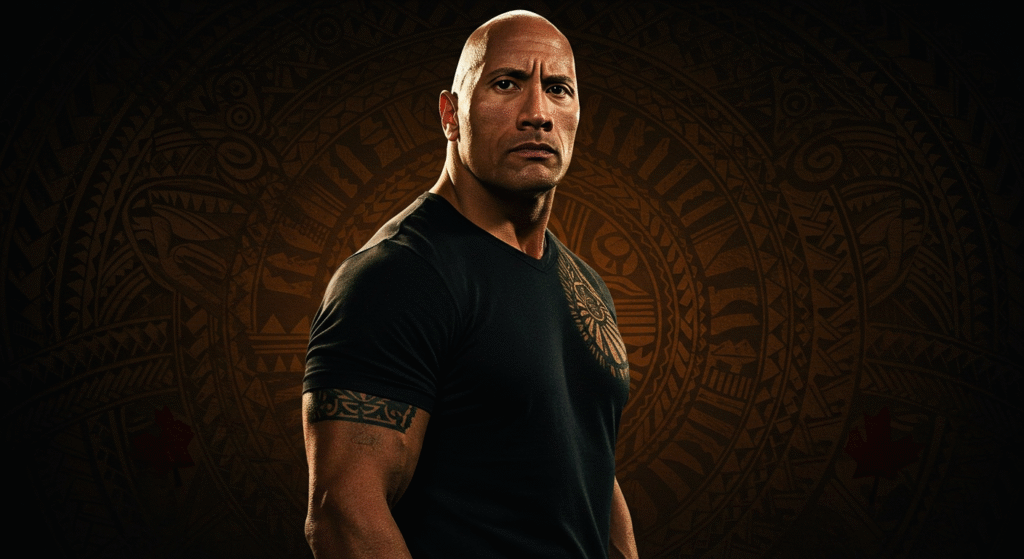 The Rock wearing a black shirt, showcasing his tattoos and confident expression, perfectly reflecting the rich cultural story of Dwayne Johnson ethnicity.