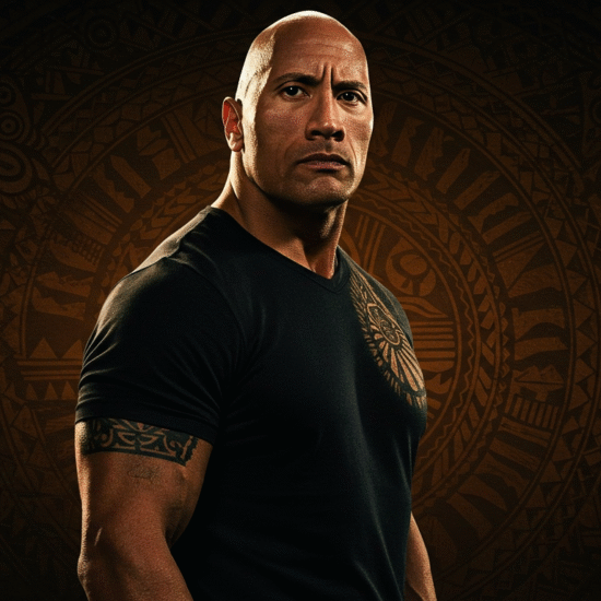 The Rock wearing a black shirt, showcasing his tattoos and confident expression, perfectly reflecting the rich cultural story of Dwayne Johnson ethnicity.