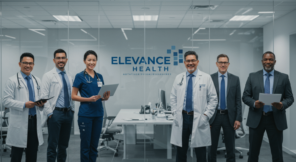 A diverse group of six healthcare professionals stands confidently in an office, with Elevance Health branding on the glass wall behind them, representing the growth and opportunities offered through Elevance Health careers. They appear engaged and professional.