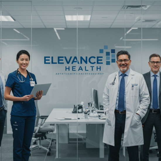 A diverse group of six healthcare professionals stands confidently in an office, with Elevance Health branding on the glass wall behind them, representing the growth and opportunities offered through Elevance Health careers. They appear engaged and professional.
