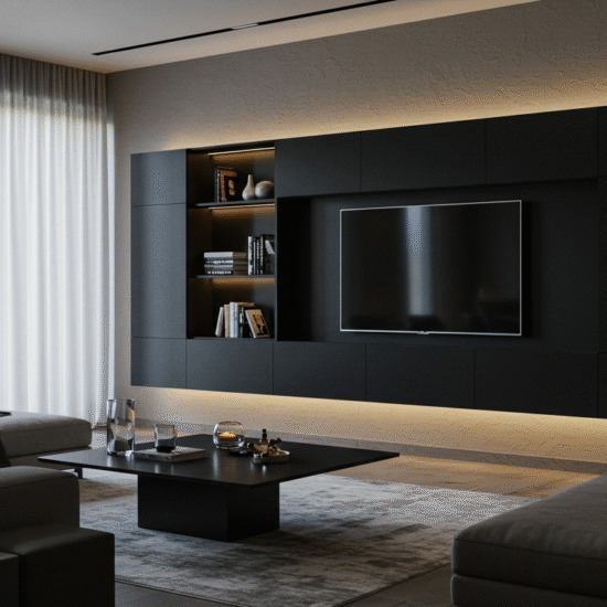 A modern living room featuring sleek black furniture and a flat-screen television on the wall becomes even more stylish with a floating entertainment center. This modern wall-mounted unit not only enhances the room’s aesthetics but also saves valuable floor space, giving the entire area a clean and sophisticated look.