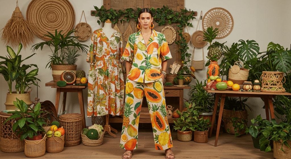 A woman in tropical print pajamas stands by a colorful fruit display, smiling and enjoying the vibrant surroundings that perfectly capture the essence of fruitful fashion, blending style with freshness and positivity.