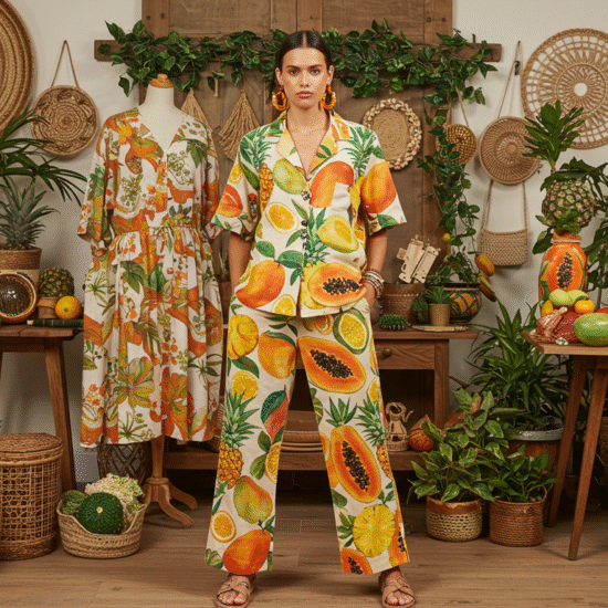A woman in tropical print pajamas stands by a colorful fruit display, smiling and enjoying the vibrant surroundings that perfectly capture the essence of fruitful fashion, blending style with freshness and positivity.