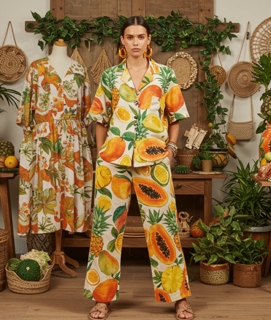 A woman in tropical print pajamas stands by a colorful fruit display, smiling and enjoying the vibrant surroundings that perfectly capture the essence of fruitful fashion, blending style with freshness and positivity.