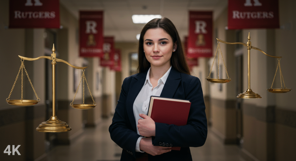 A professional woman in a business suit stands holding a scale of justice, representing legal balance and equity, symbolizing the unfolding story of Gia Giudice school drama and the balance between truth and perception.