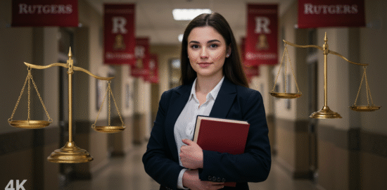 A professional woman in a business suit stands holding a scale of justice, representing legal balance and equity, symbolizing the unfolding story of Gia Giudice school drama and the balance between truth and perception.