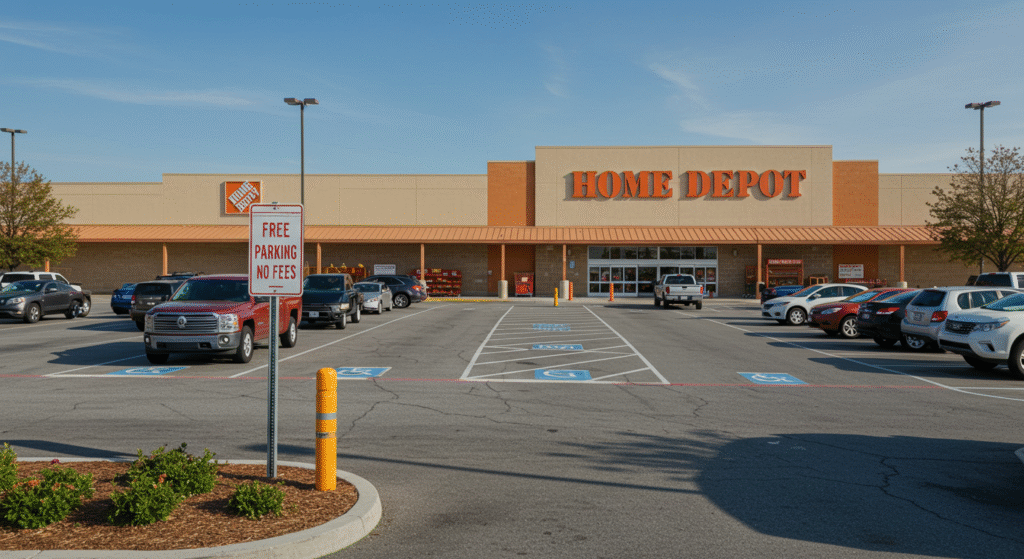 Exterior view of a building with a large sign displaying "Orange USA" in bold letters, resembling a retail setup often discussed in trending topics like Home Depot charging for parking.