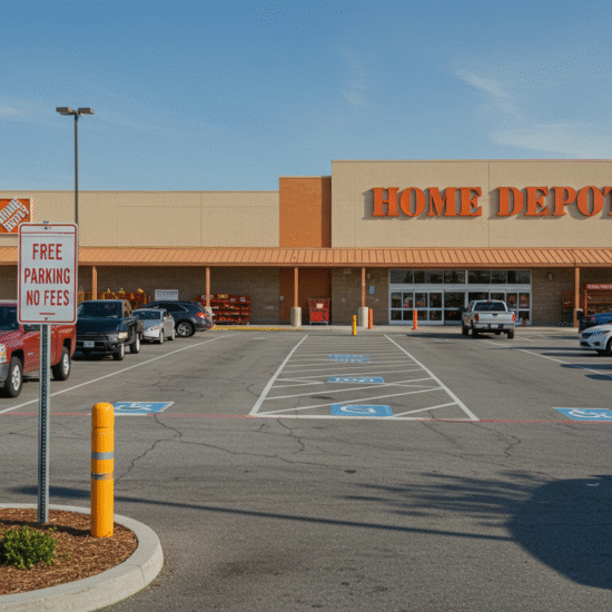 Exterior view of a building with a large sign displaying "Orange USA" in bold letters, resembling a retail setup often discussed in trending topics like Home Depot charging for parking.