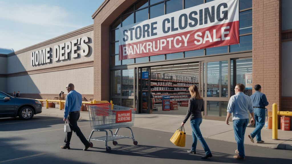 A group of people walking by a store with a sign advertising a closing sale, highlighting the news that a Home Depot rival files for bankruptcy.