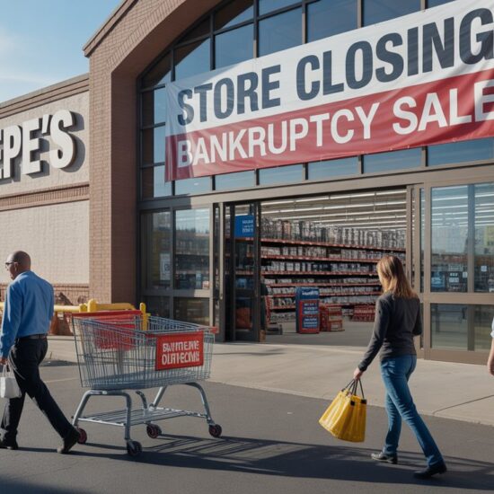 A group of people walking by a store with a sign advertising a closing sale, highlighting the news that a Home Depot rival files for bankruptcy.