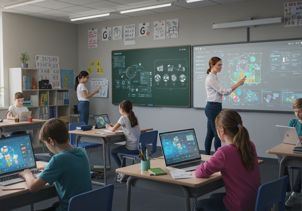 Bright and modern classroom with students using laptops and VR goggles, while a teacher demonstrates ICT games on a digital smartboard. The scene highlights interactive learning and technology in education.