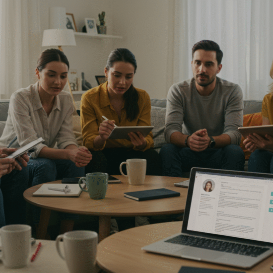A diverse group of seven people sits on sofas in a cozy room, engaged in discussion with tablets and notebooks. A laptop with a resume is visible in the foreground, symbolizing support and advice similar to Mumsnet relationships discussions.
