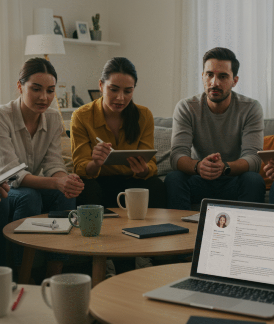 A diverse group of seven people sits on sofas in a cozy room, engaged in discussion with tablets and notebooks. A laptop with a resume is visible in the foreground, symbolizing support and advice similar to Mumsnet relationships discussions.