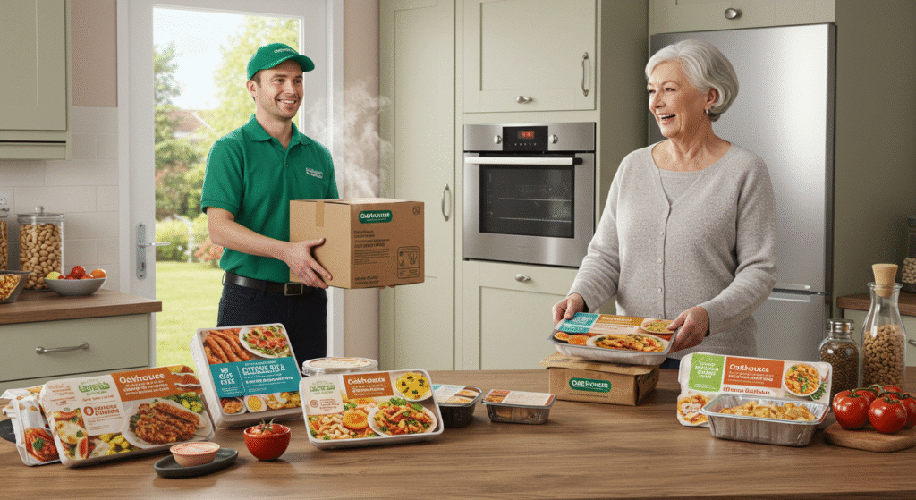 A smiling older woman in a kitchen receives a delivery box from an Oakhouse Foods driver in a green uniform, while various Oakhouse Foods ready-to-eat meals are displayed on the counter.