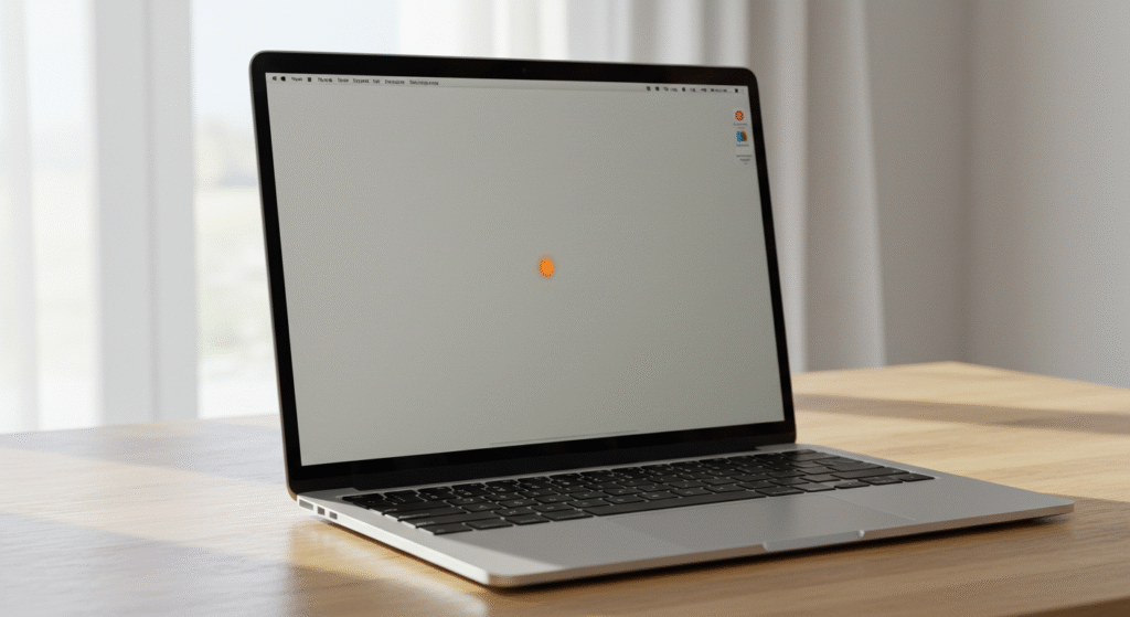 A laptop on a wooden table displays an orange spot on MacBook screen, highlighting a digital design or application.