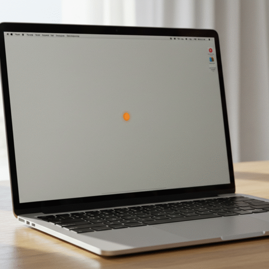 A laptop on a wooden table displays an orange spot on MacBook screen, highlighting a digital design or application.