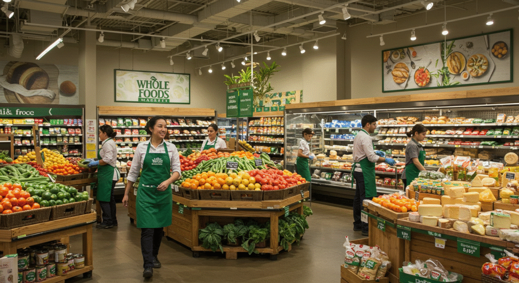 A woman in tropical print pajamas stands by a colorful fruit display at Whole Foods, smiling and enjoying the vibrant surroundings while exploring Whole Foods careers.