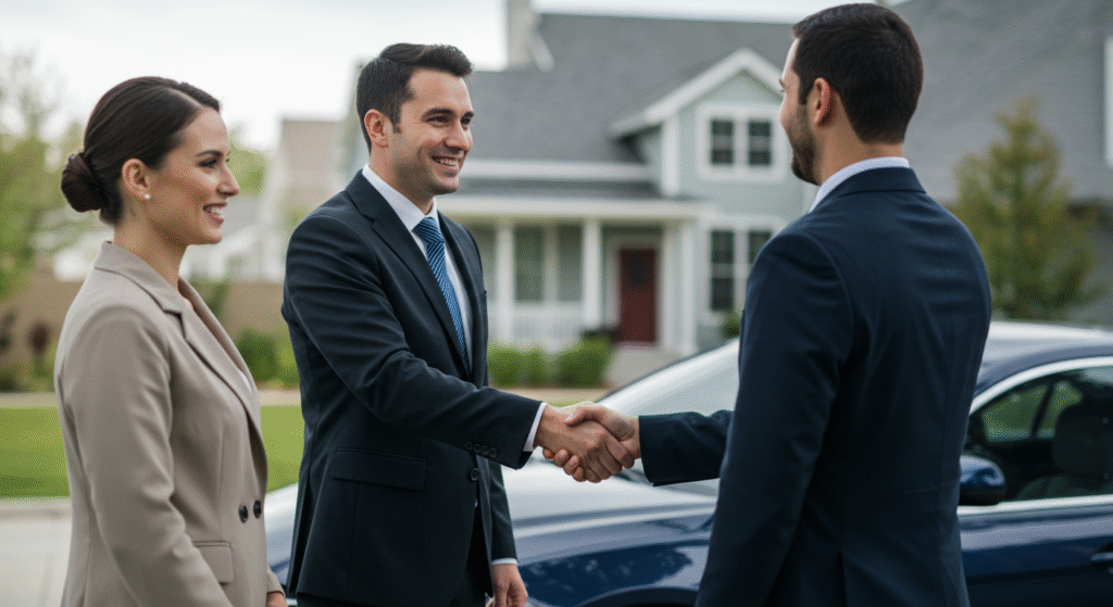 Two men in suits shake hands outside in front of a suburban house, with a woman in a blazer smiling nearby. The scene conveys professionalism and friendliness, representing National General Insurance and its commitment to customer trust and quality service.
