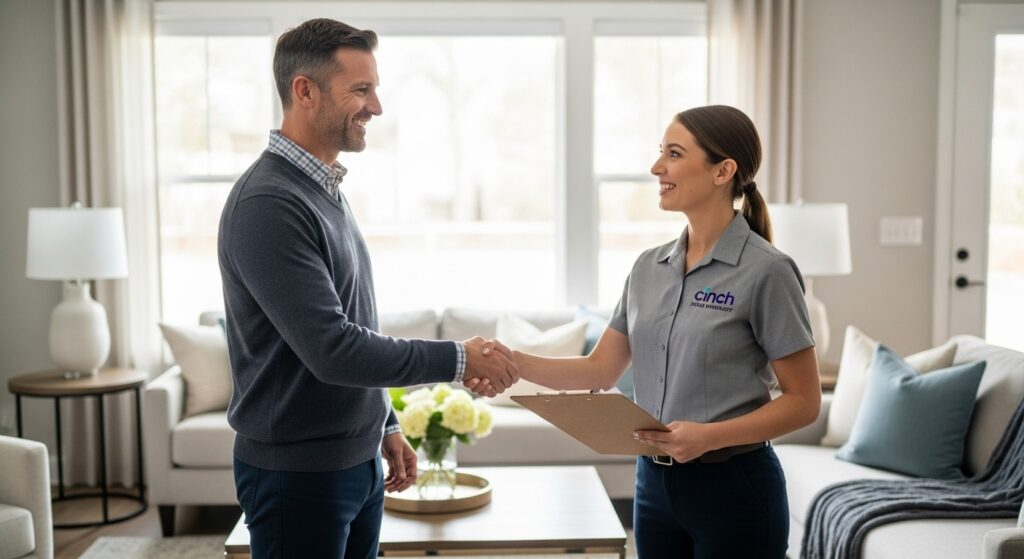 Two people shake hands in a bright living room. The woman, representing Cinch Home Warranty, holds a clipboard and wears a grey uniform shirt. The atmosphere is professional and cordial, reflecting the trust and reliability associated with Cinch Home Warranty services.