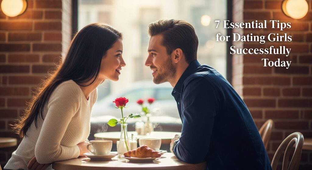 A couple sits closely at a cozy café table, smiling warmly at each other. A red rose and coffee cups are in front of them. Text reads, '7 Essential Tips for Dating Girls Successfully Today.' The scene is intimate, friendly, and perfectly captures the essence of dating girls.