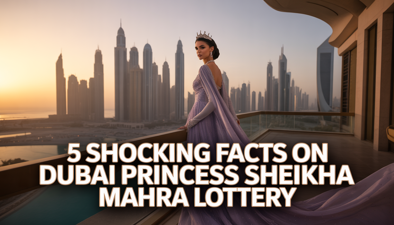 A woman in a luxurious purple gown stands on a balcony overlooking a modern city skyline at sunset. Large text reads, '5 Shocking Facts on Dubai Princess Sheikha Mahra and Her Lottery.' Focus keyword: Dubai Princess Sheikha Mahra.